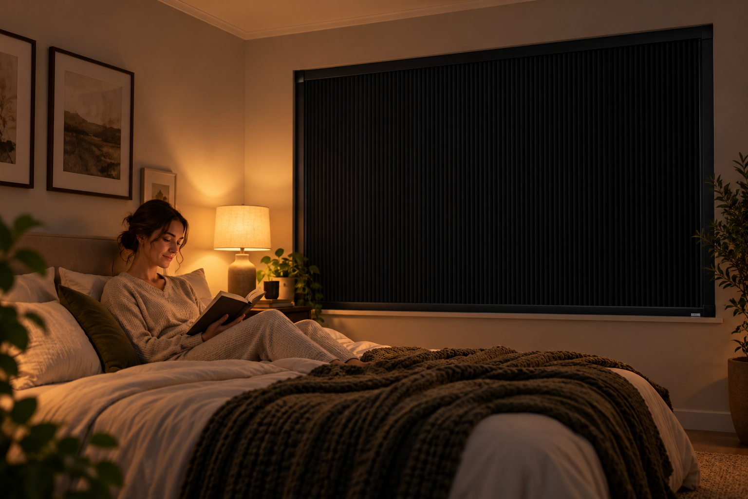 Klant die leest in bed naast haar gesloten NOTABLU-verduisteringsrolgordijn